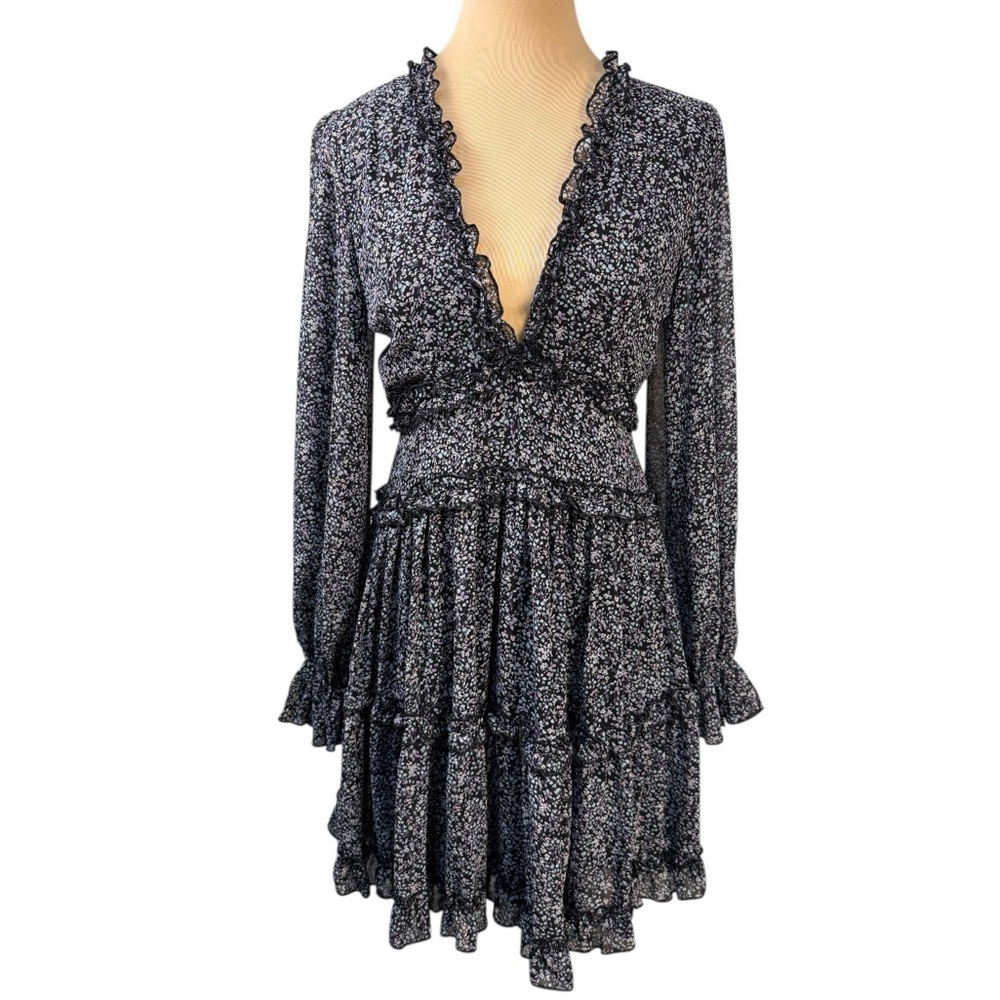 NWT She + Sky Spring Time Floral Mini Dress Small Black Lavender Ruffle V Neck